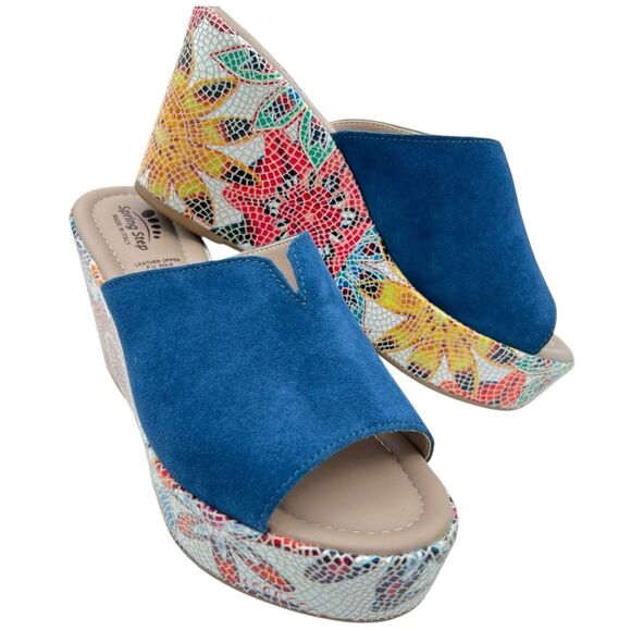 Spring Step Women's Laylani Suede Leather Floral Wedge Slide Sandals Blue Sz 38 - Picture 2 of 11